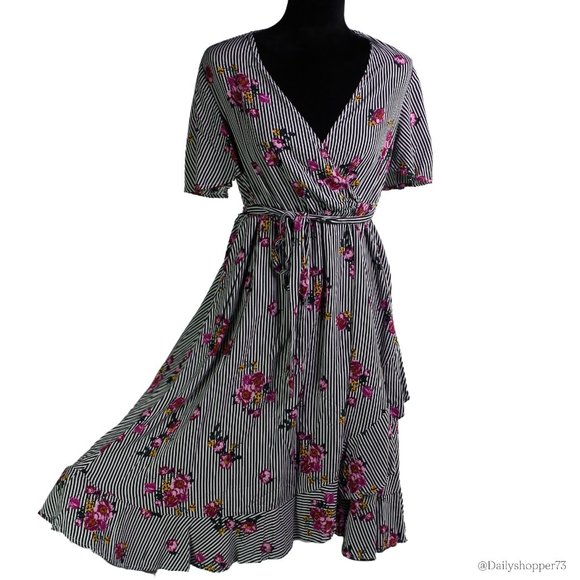 Torrid Women's Striped Floral Short Sleeve Faux Wrap Ruffle Hem Dress - Picture 3 of 8
